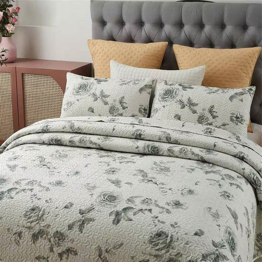 Boho Floral Reversible Quilt – Queen Size (Beige & Grey)